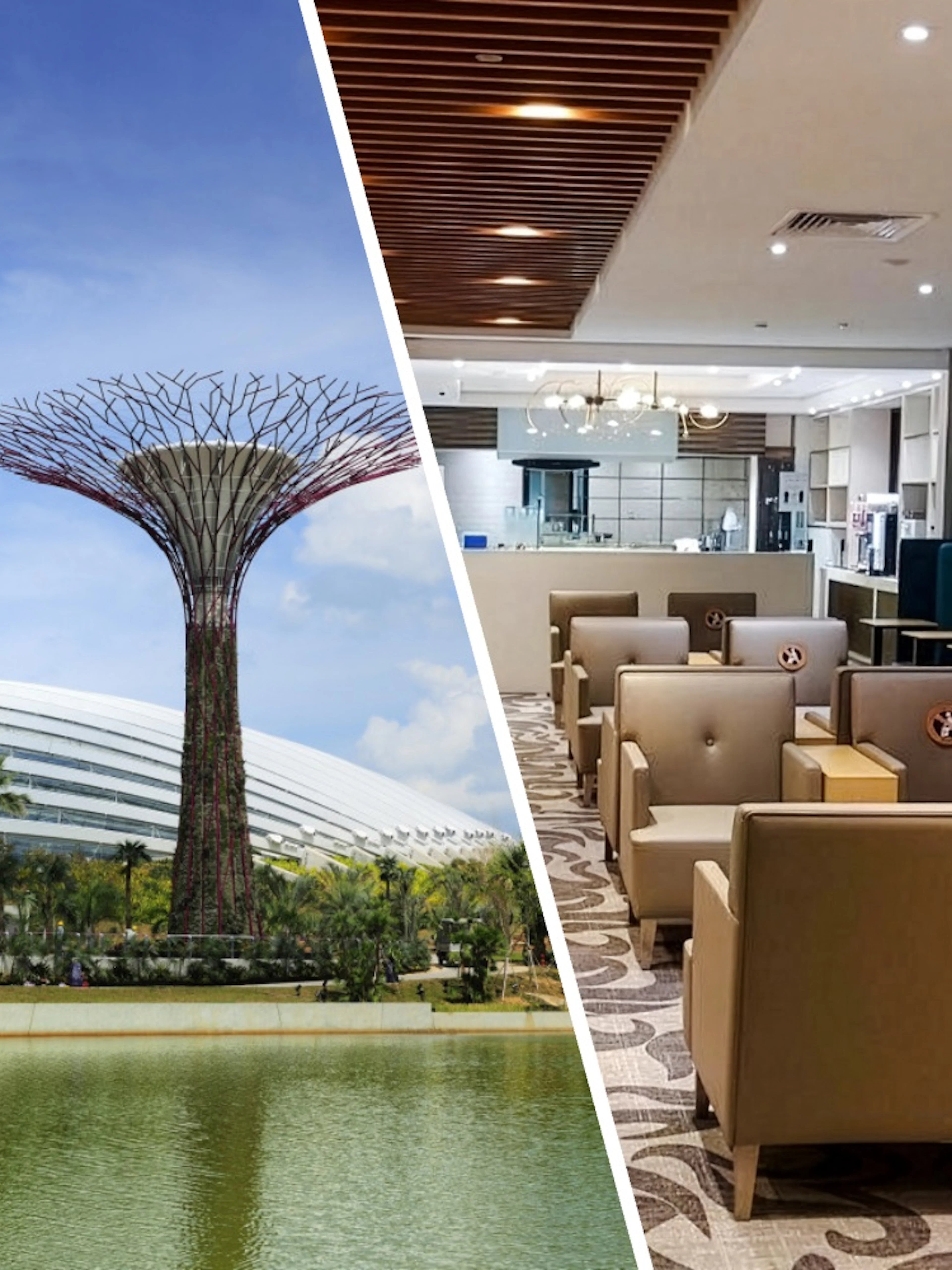 Gardens by the Bay Supertree Grove and indoor lounge area in Singapore.