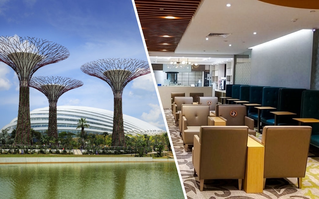 Gardens by the Bay Supertree Grove and indoor lounge area in Singapore.