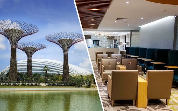 Gardens by the Bay Supertree Grove and indoor lounge area in Singapore.