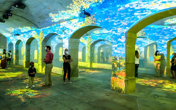 Visitors at Immersivus Gallery viewing Monet and Klimt projections.