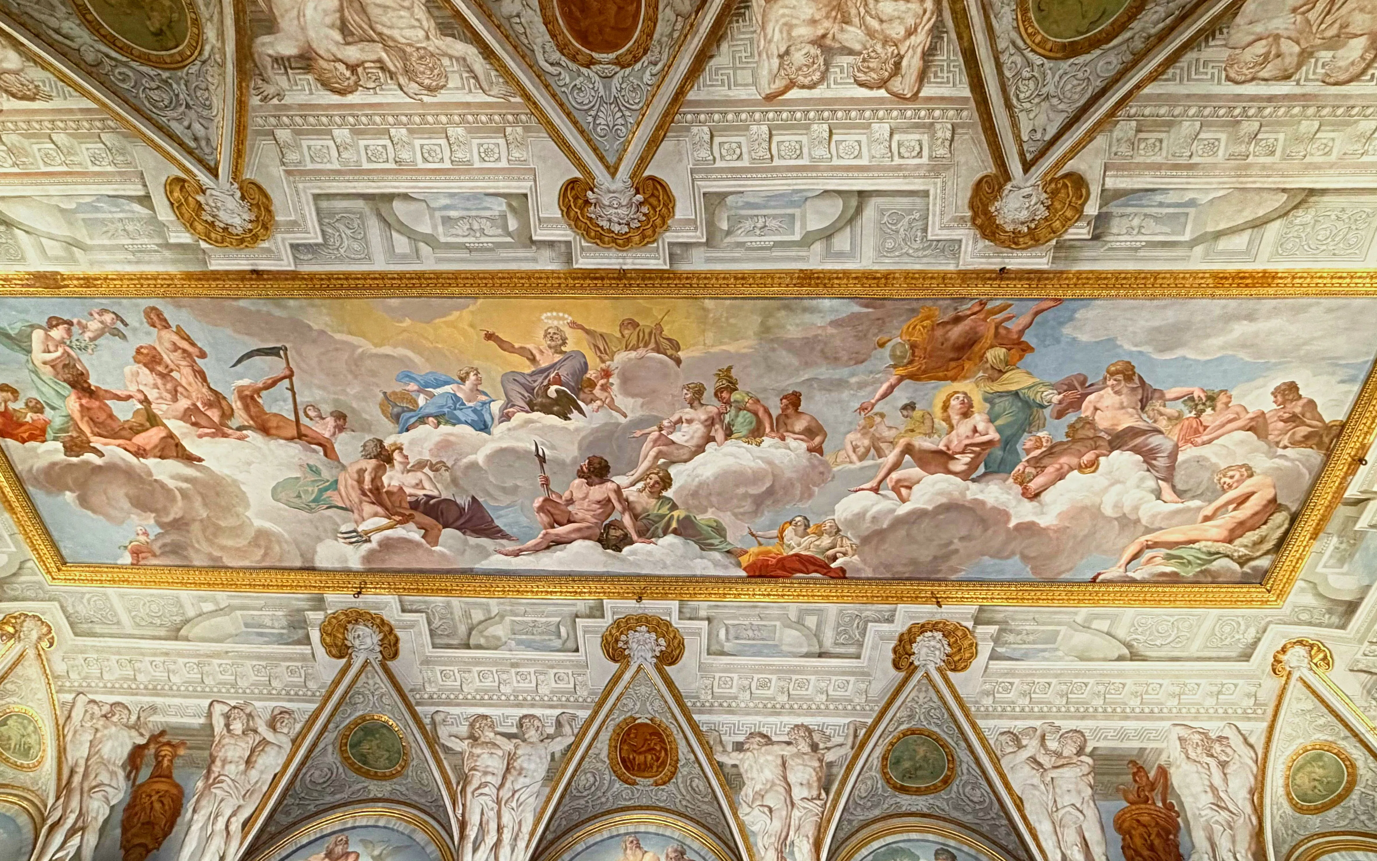 Borghese Gallery ceiling fresco depicting mythological figures in Rome, Italy.