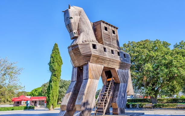 Wooden Trojan Horse replica at the archaeological site of Troy, Turkey.