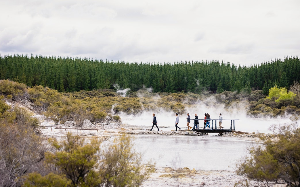 Tourists on a guided walk at Hells Gate Geothermal Park, New Zealand, with steam rising from the ground.