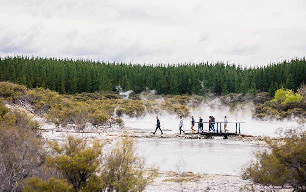 Tourists on a guided walk at Hells Gate Geothermal Park, New Zealand, with steam rising from the ground.