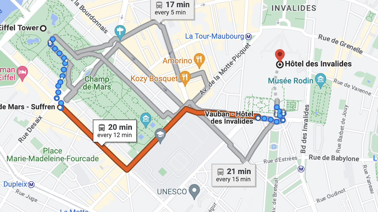 Getting to Les Invalides via Bus Map