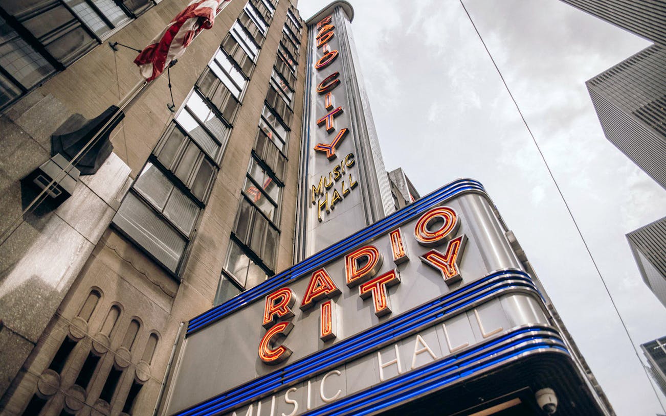 Radio City Music Hall marquee in New York City on walking tour.