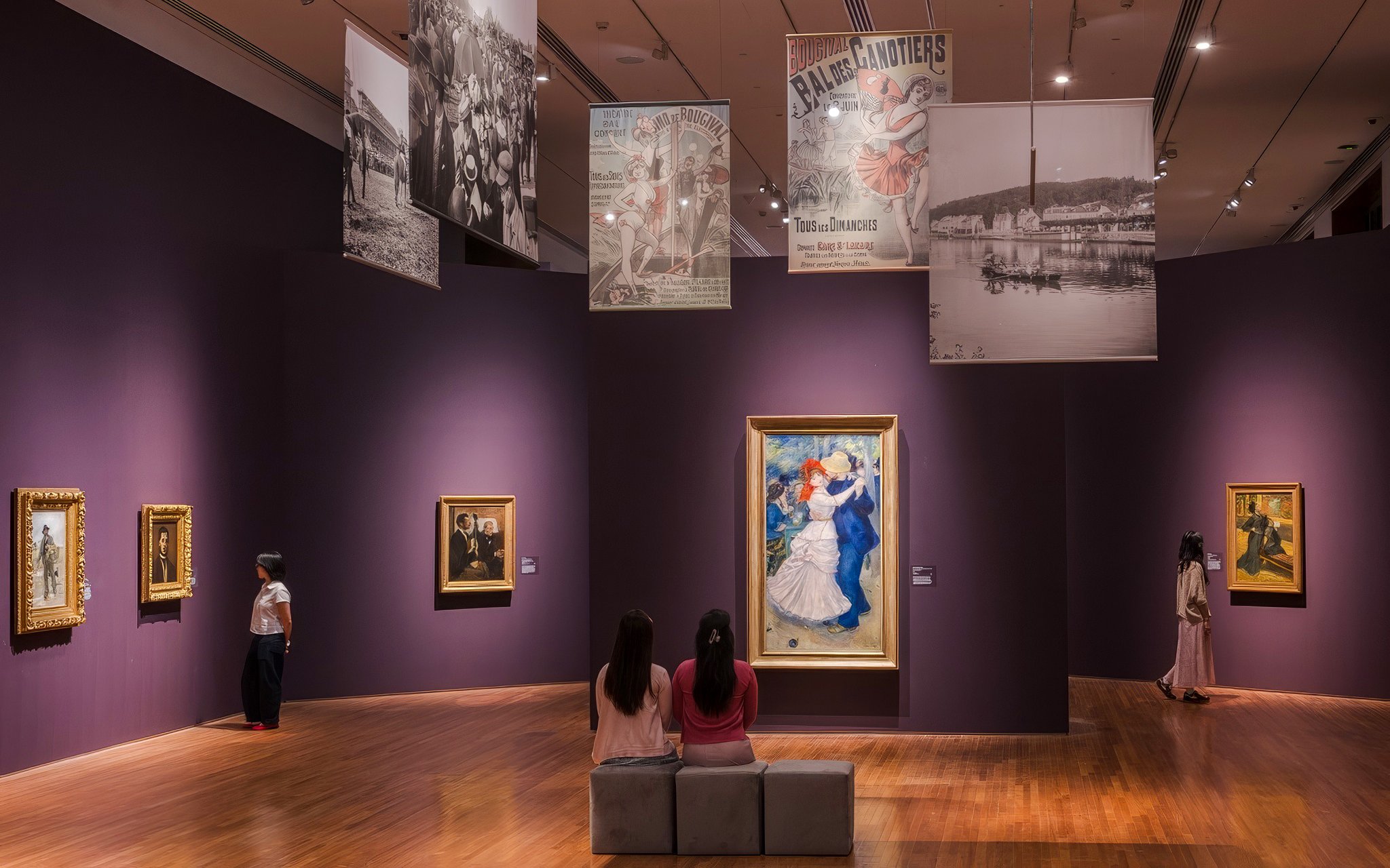 Impressionist paintings displayed in National Gallery Singapore with visitors observing art.