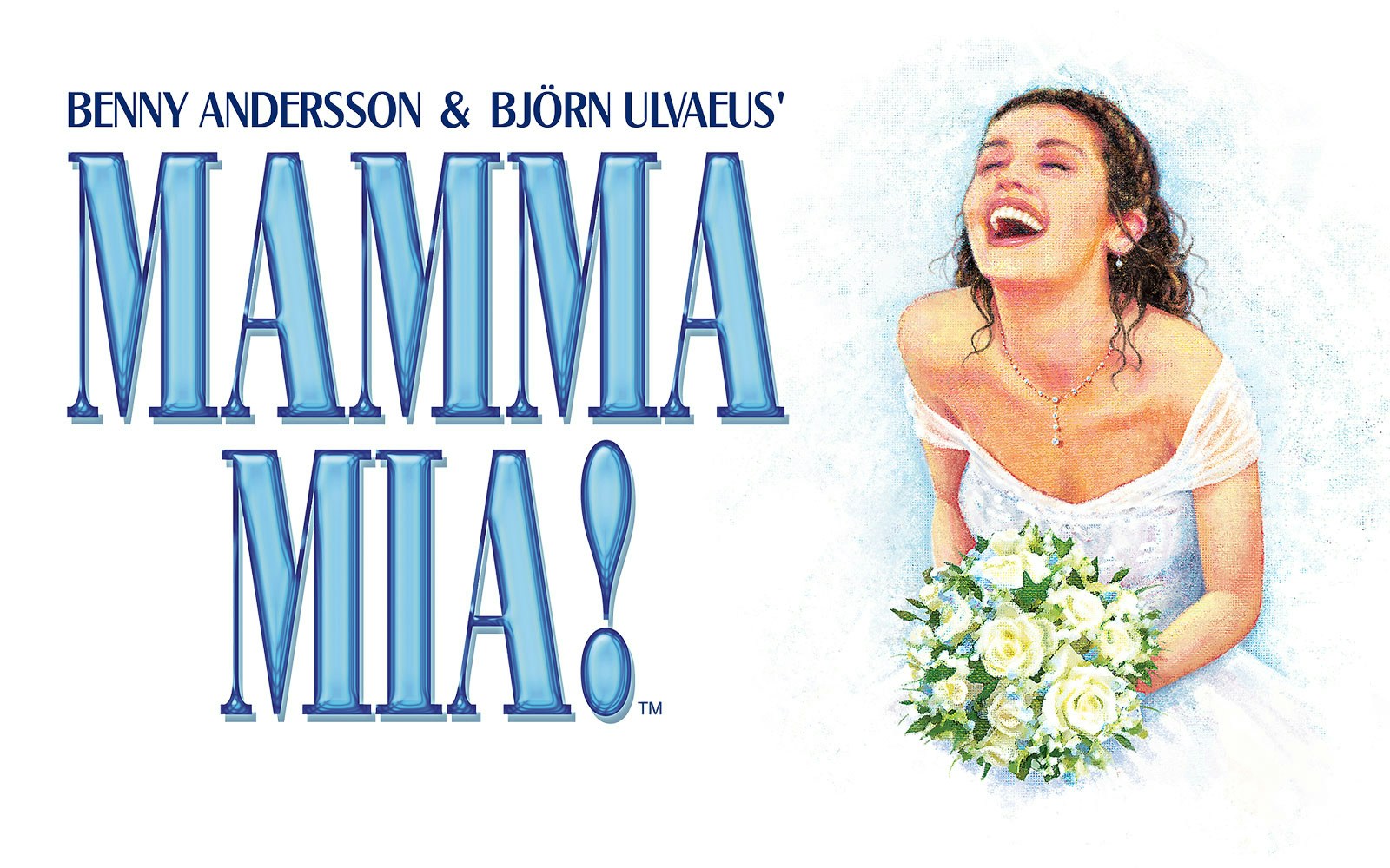 Mamma Mia! musical poster with a joyful bride holding a bouquet.
