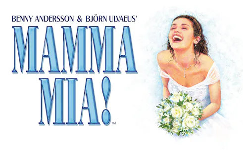 Mamma Mia! musical poster with a joyful bride holding a bouquet.