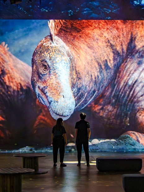 Visitors viewing dinosaur projection at Prehistoric Planet exhibition, Atelier des Lumières, Paris.