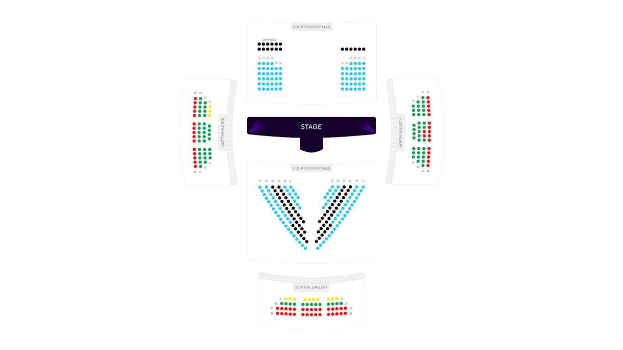 Seating chart for a theater with stage, courtroom stalls, and galleries.