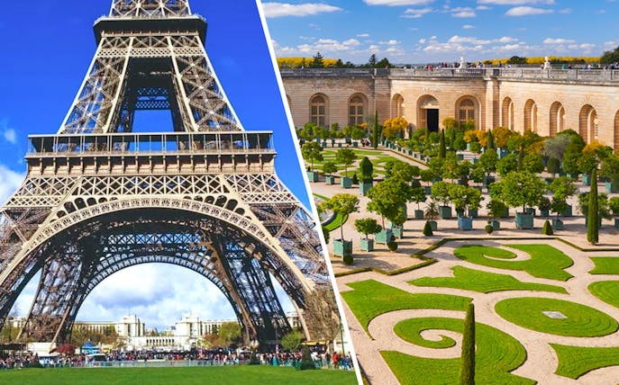 Visitors on Eiffel Tower tour by elevator, viewing Paris from summit or second floor.