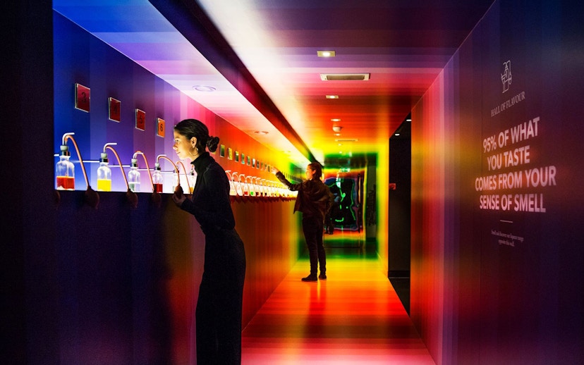 Visitors exploring interactive scent displays at Amsterdam House of Bols.