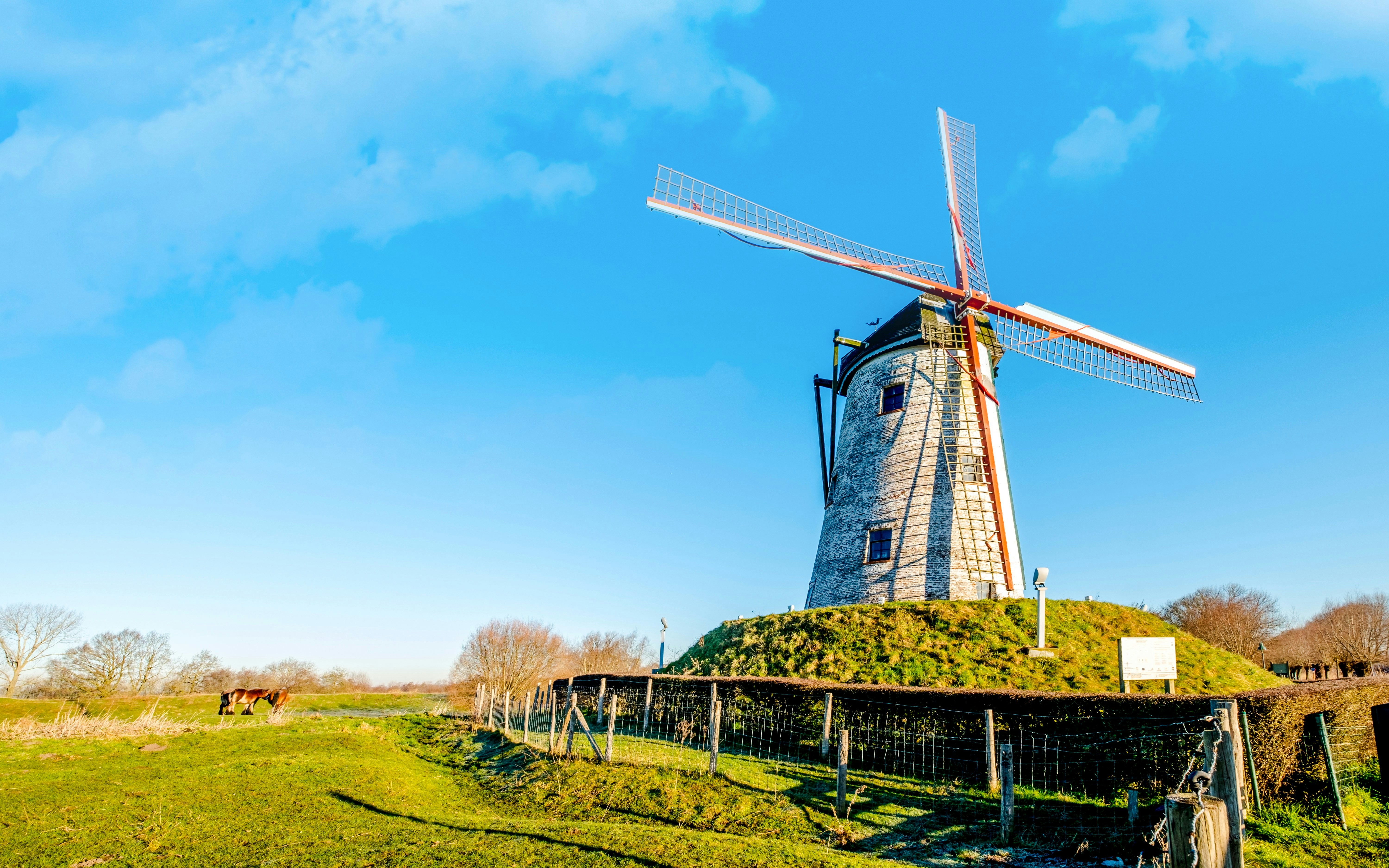 Windmill at Kruisvest in Bruges with blue sky and grassy landscape.