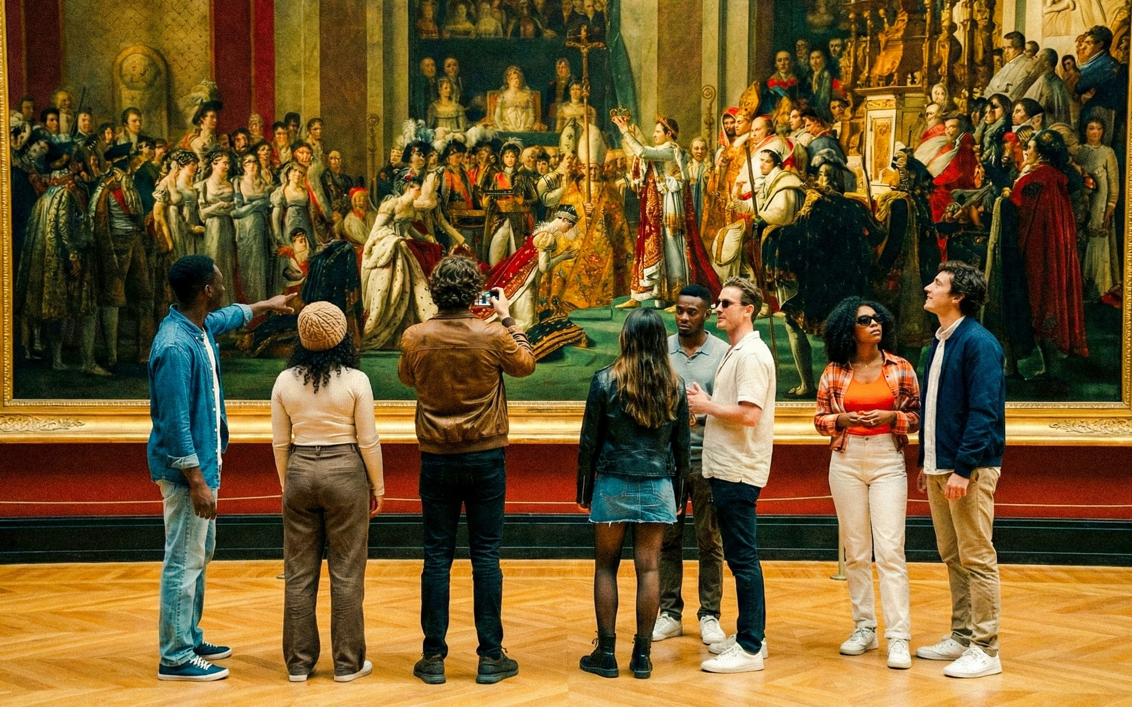 Tourists with guide viewing painting in Louvre Museum, Paris, France.