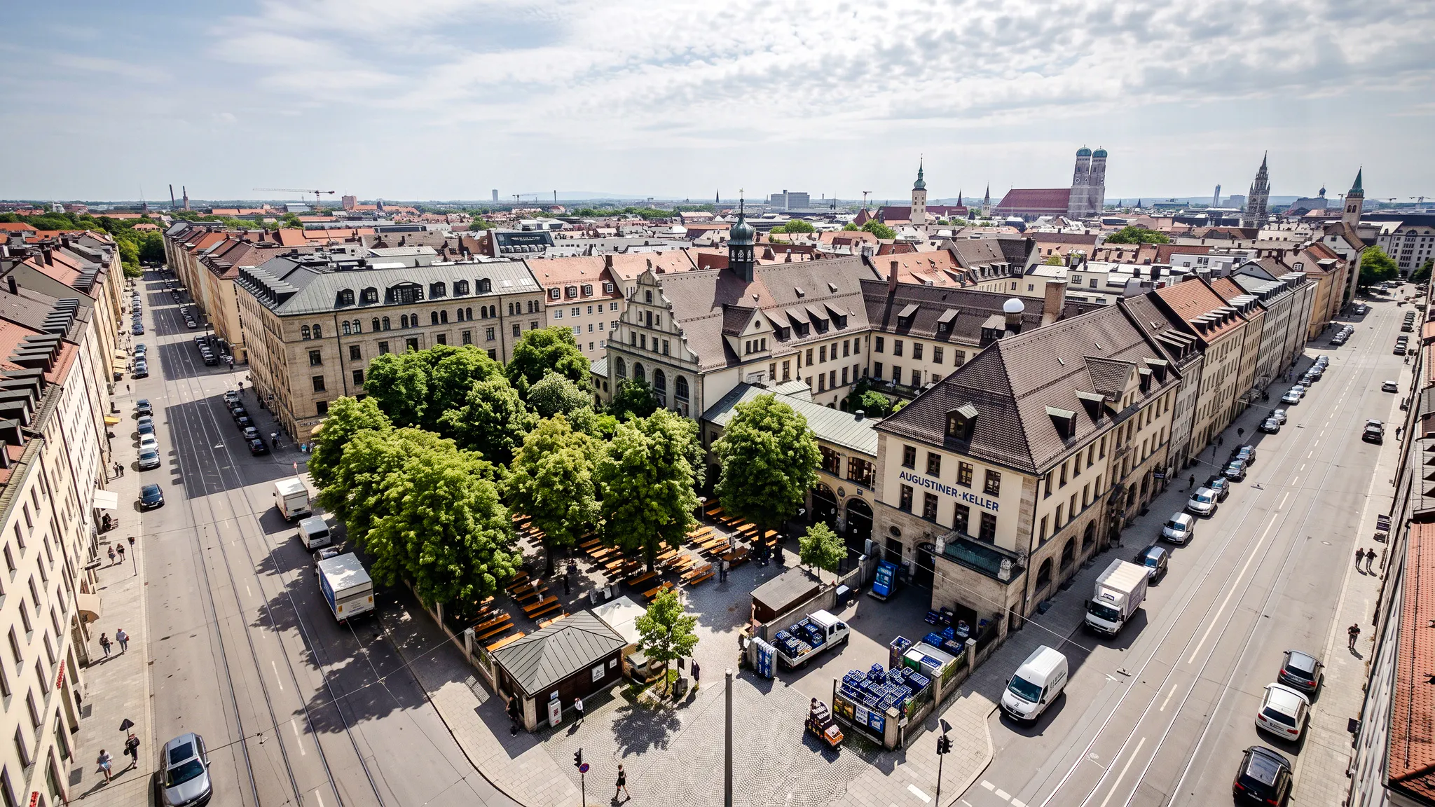 Aerial view of Munich's Augustiner-Keller beer garden, a stop on the Oktoberfest Keg Tapping walking tour.