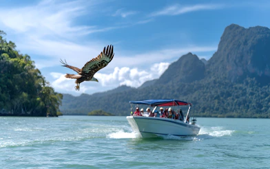 Eagle flying near a speedboat with tourists during Langkawi Island hopping tour.