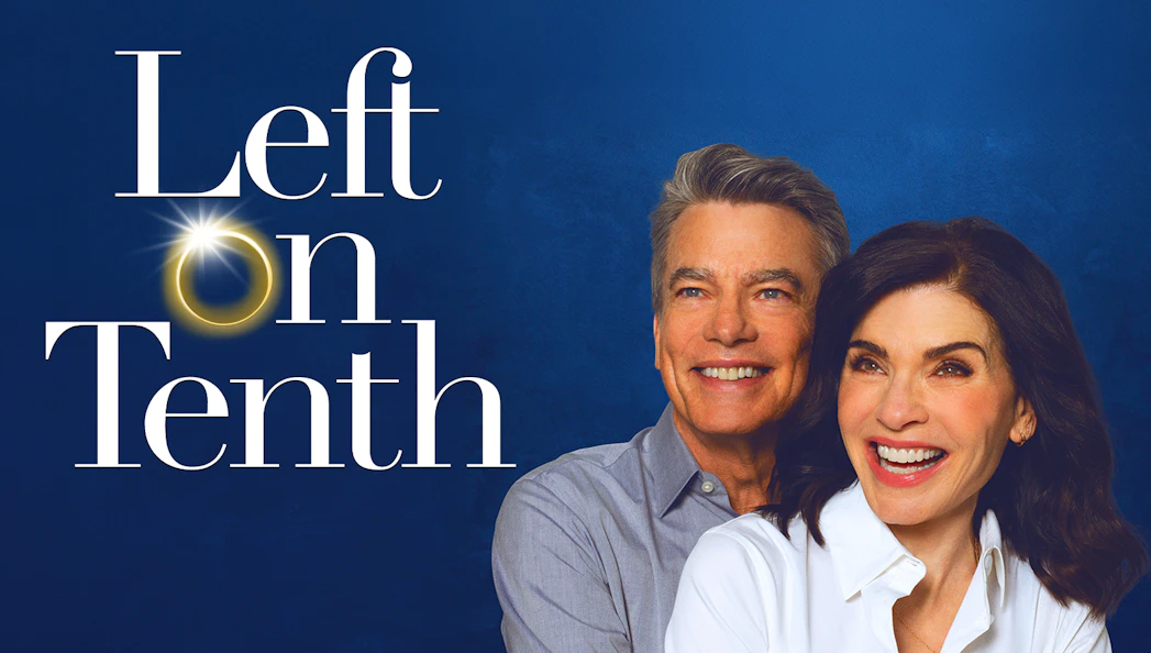 Left On Tenth book cover with two smiling people against a blue background.