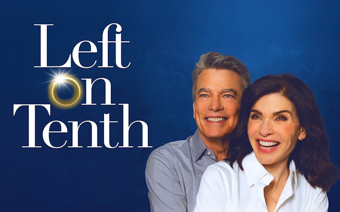Left On Tenth book cover with two smiling people against a blue background.