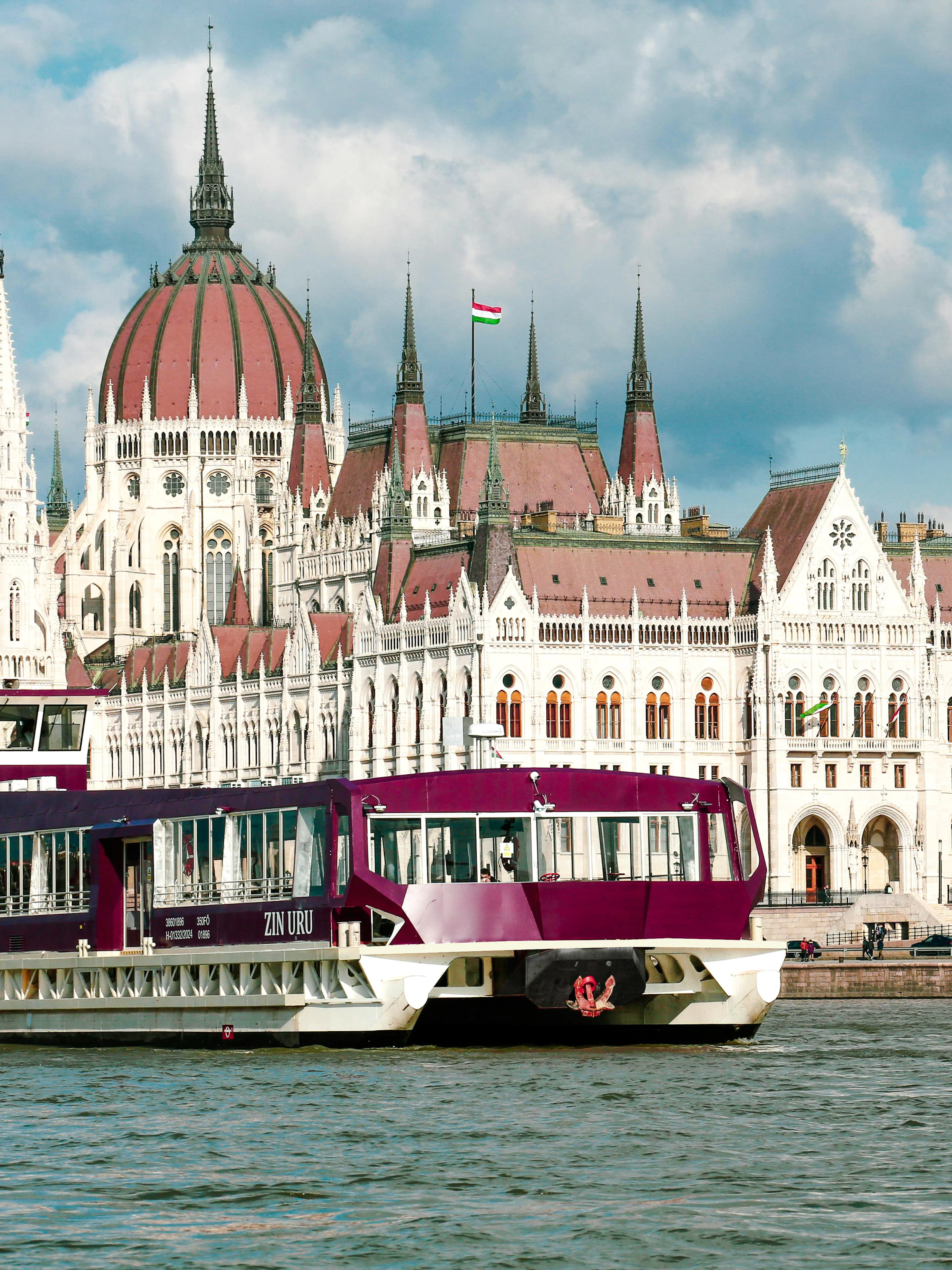 Budapest Danube River cruise passing the Hungarian Parliament Building.