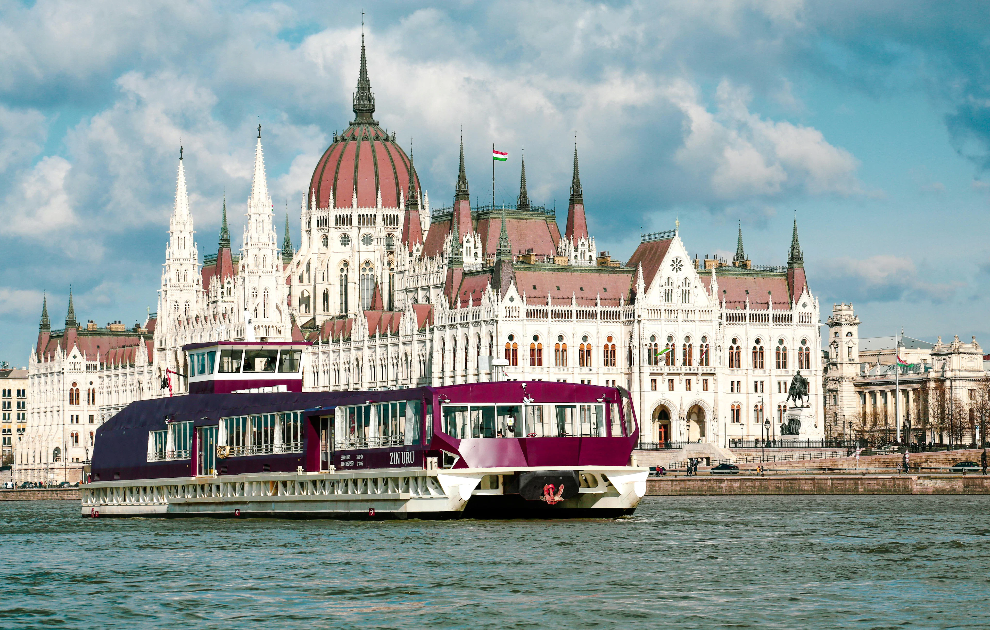 Budapest Danube River cruise passing the Hungarian Parliament Building.