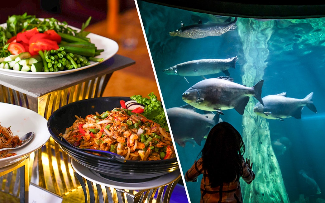 Dinner buffet at ARAS Restaurant and aquarium view at Aquaria KLCC in Kuala Lumpur.