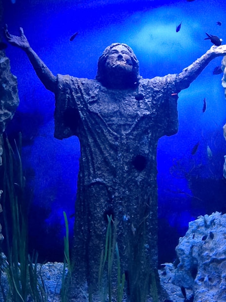 Statue with outstretched arms underwater at Malta National Aquarium.