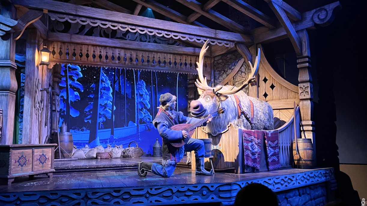 Elsa and Anna performing on stage at Disneyland Paris during Frozen: A Musical Invitation.