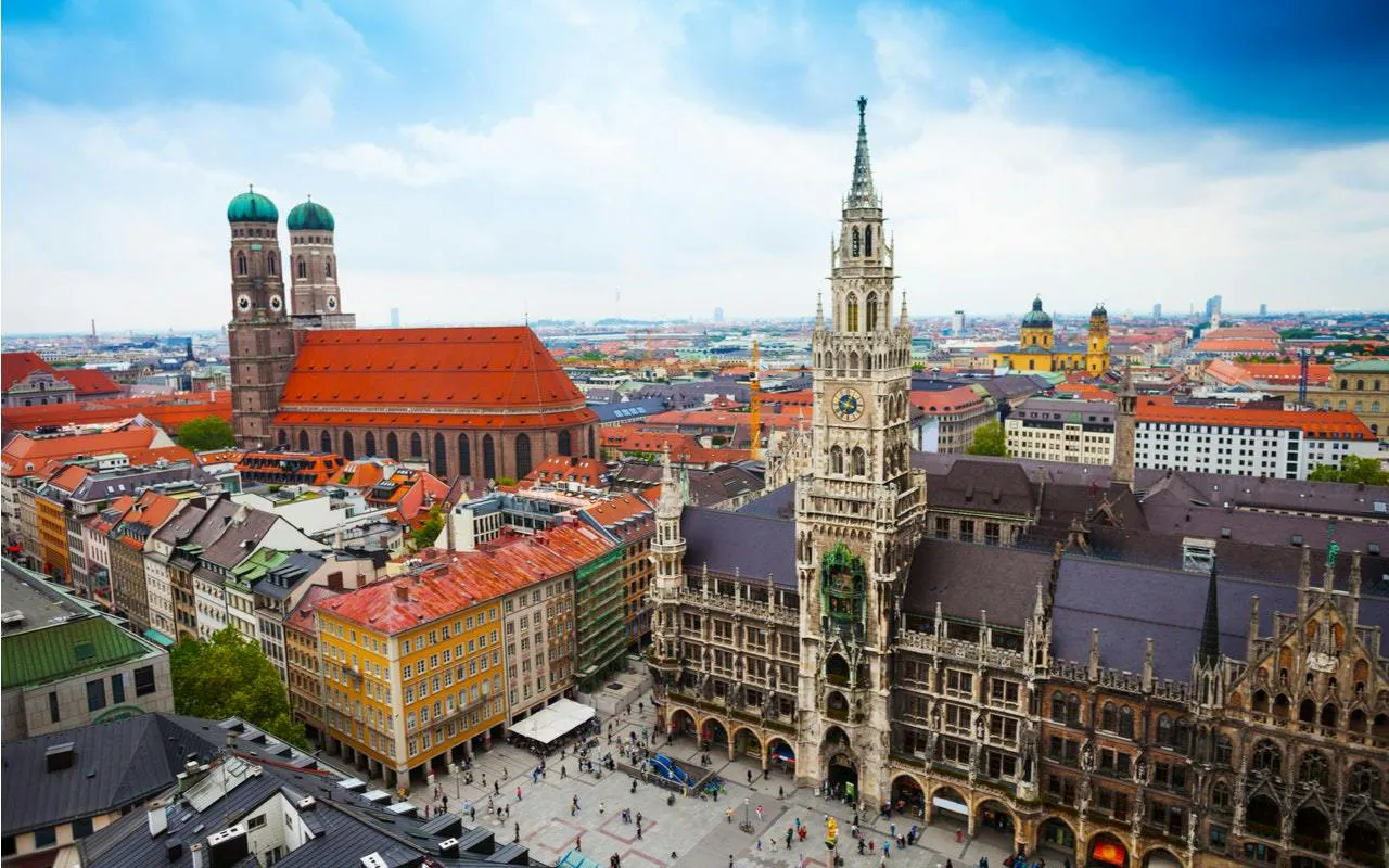 Aerial view of Munich's Marienplatz with the New Town Hall and Frauenkirche.