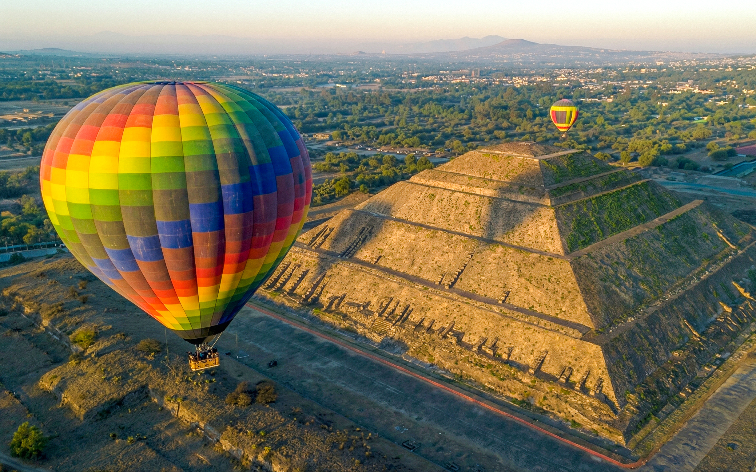 Hot air balloon over Teotihuacan Pyramid near Mexico City.