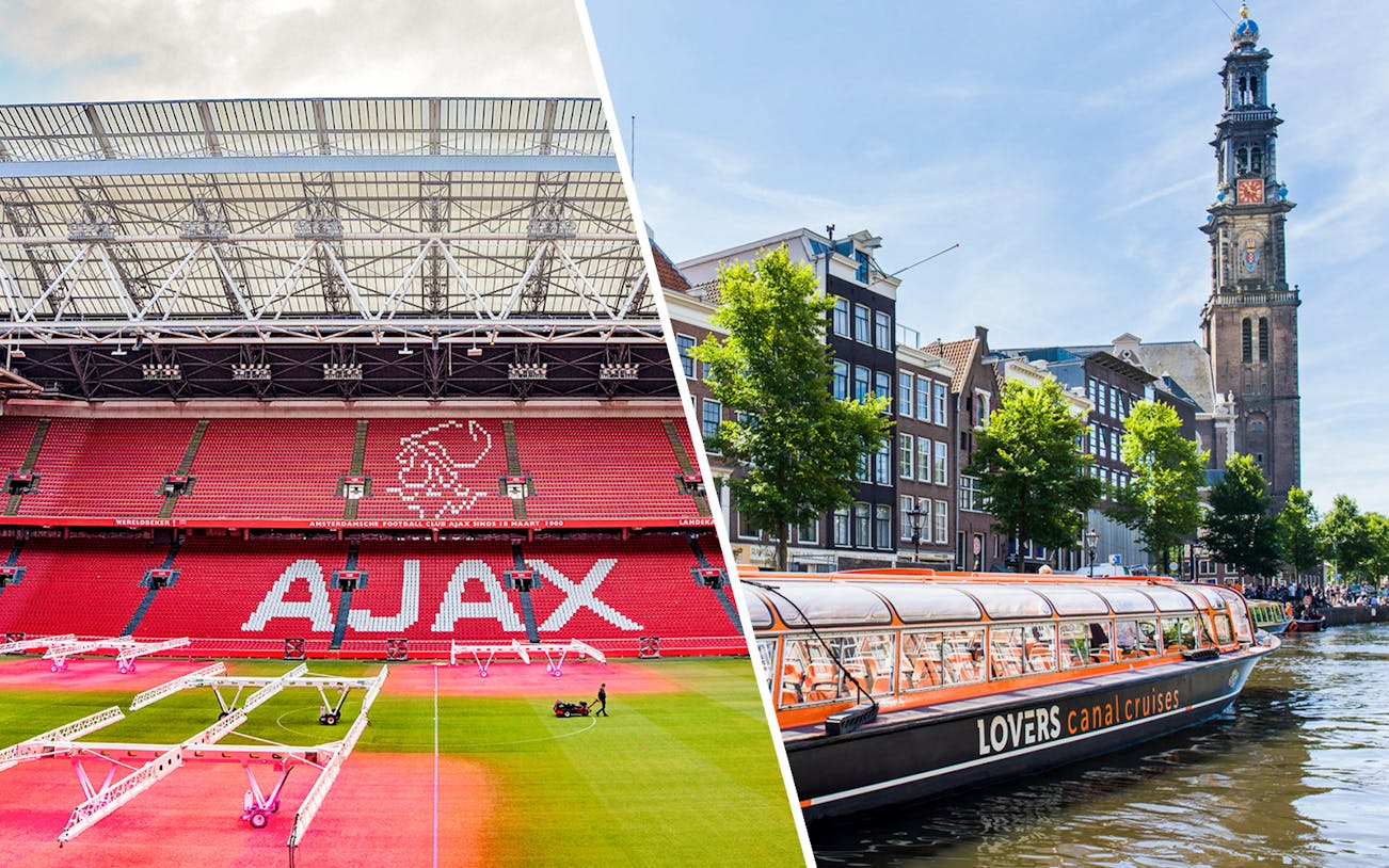 Johan Cruijff Arena interior and Amsterdam canal cruise boat with Westerkerk in background.
