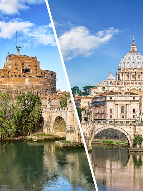 Castel Sant'Angelo and St. Peter's Basilica with Tiber River in Rome, Italy.