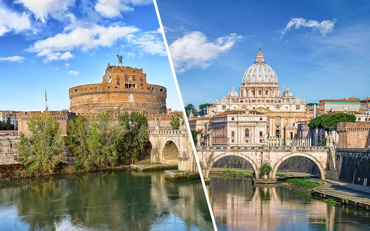 Castel Sant'Angelo and St. Peter's Basilica with Tiber River in Rome, Italy.