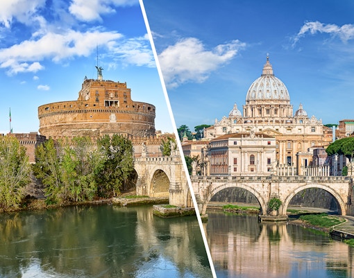 Castel Sant'Angelo and St. Peter's Basilica with Tiber River in Rome, Italy.
