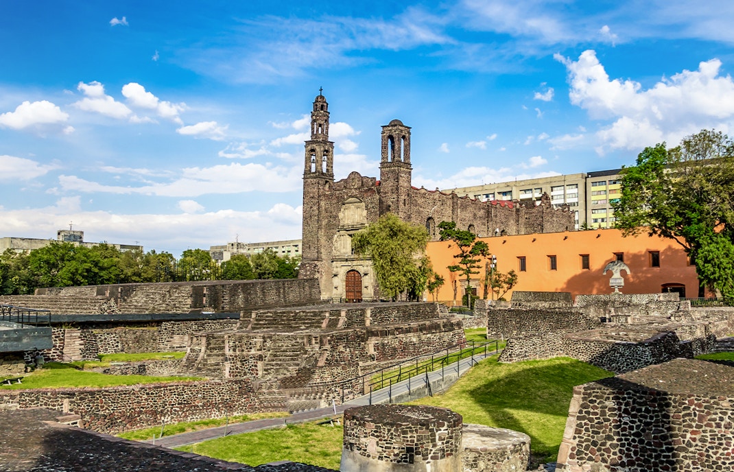 Plaza of Three Cultures in Mexico City with ancient ruins and colonial church.