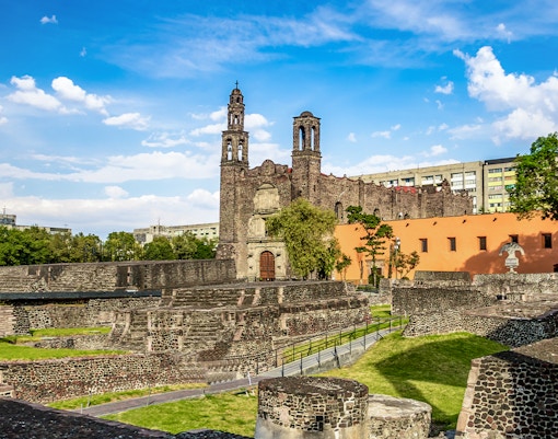 Plaza of Three Cultures in Mexico City with ancient ruins and colonial church.