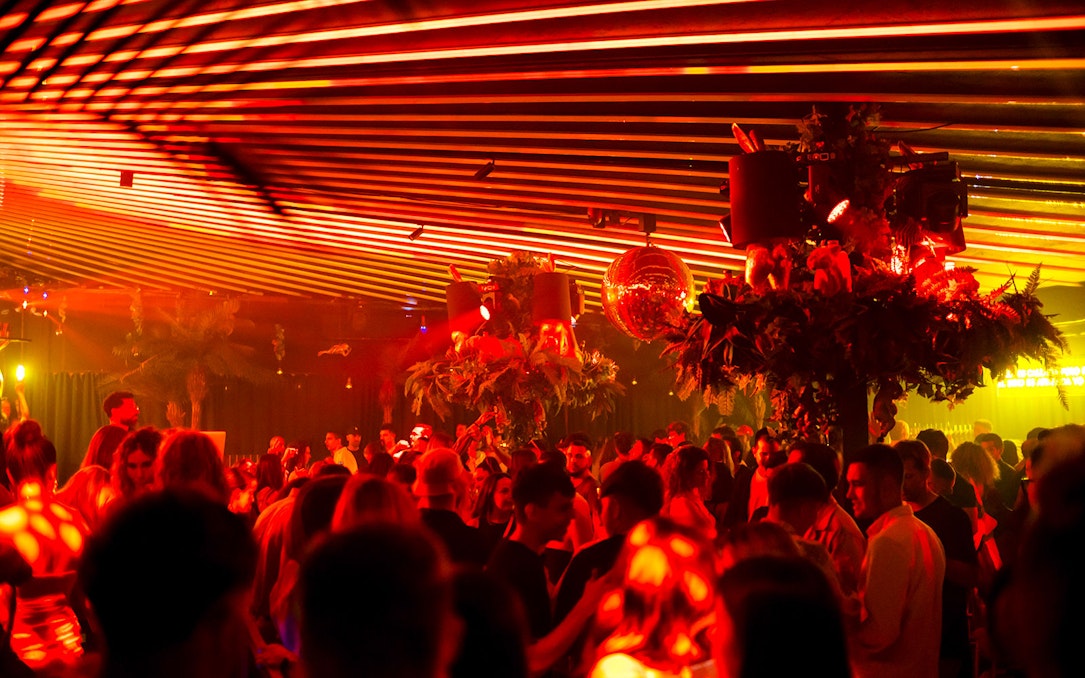 Crowd enjoying nightlife at Baloo Ibiza with vibrant lighting and decor.