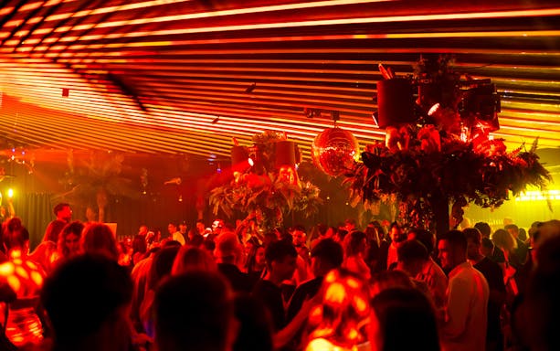 Crowd enjoying nightlife at Baloo Ibiza with vibrant lighting and decor.