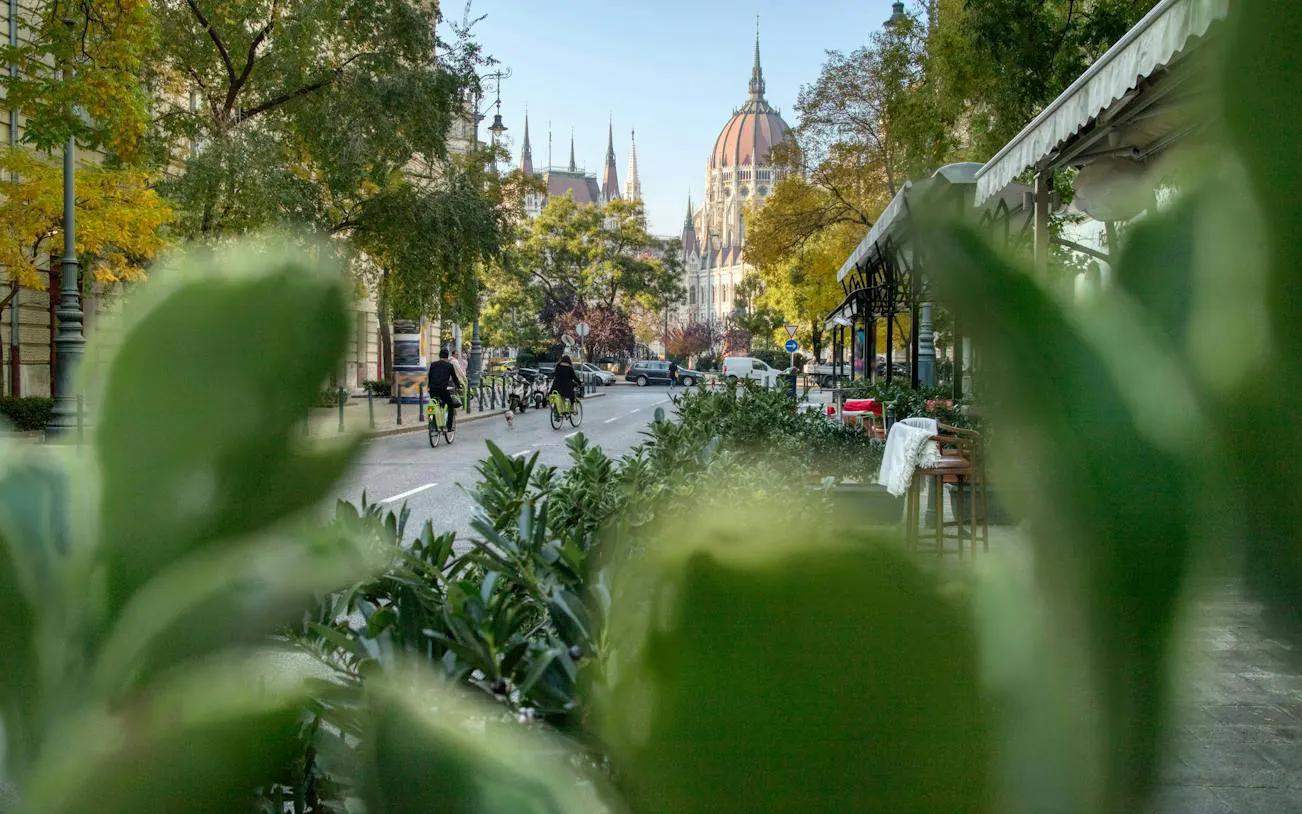 Cyclists on a tree-lined street near the Hungarian Parliament in Budapest.