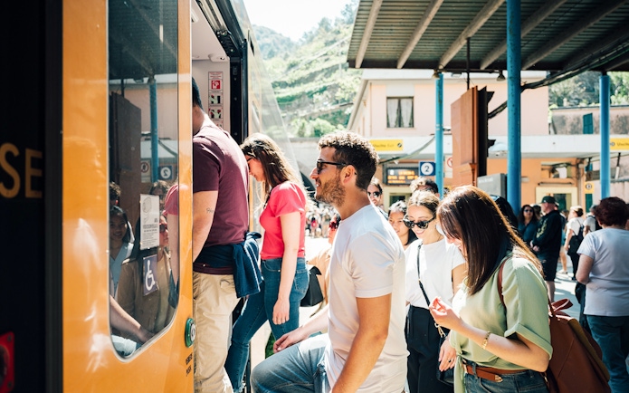Passengers boarding train for Cinque Terre day trip from Florence.