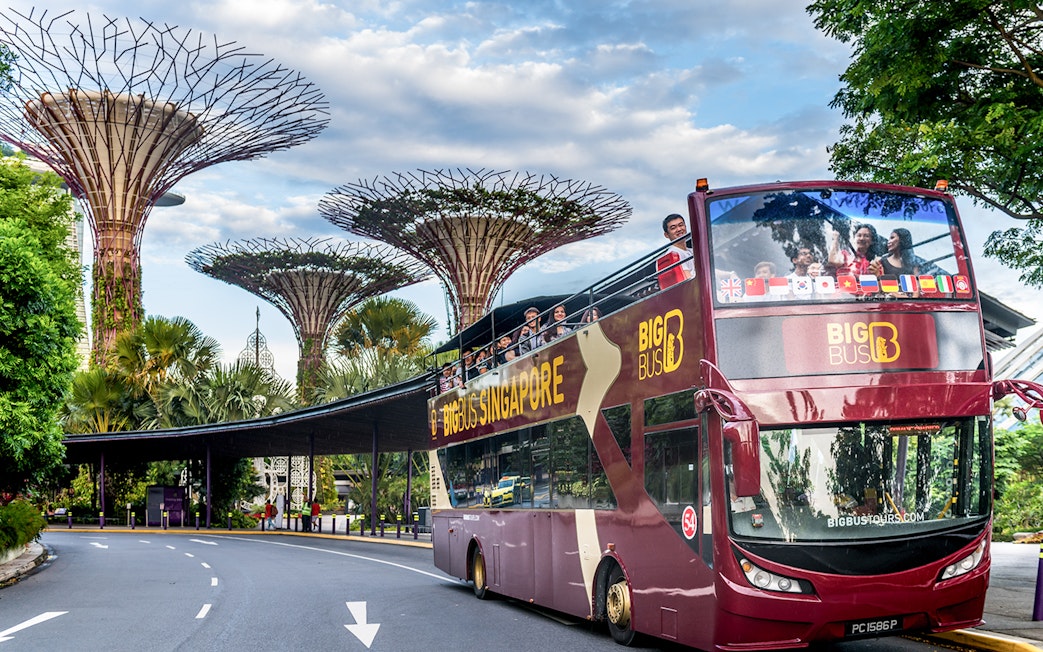 Hop-on hop-off bus near Supertree Grove, Singapore, with tourists on the upper deck.