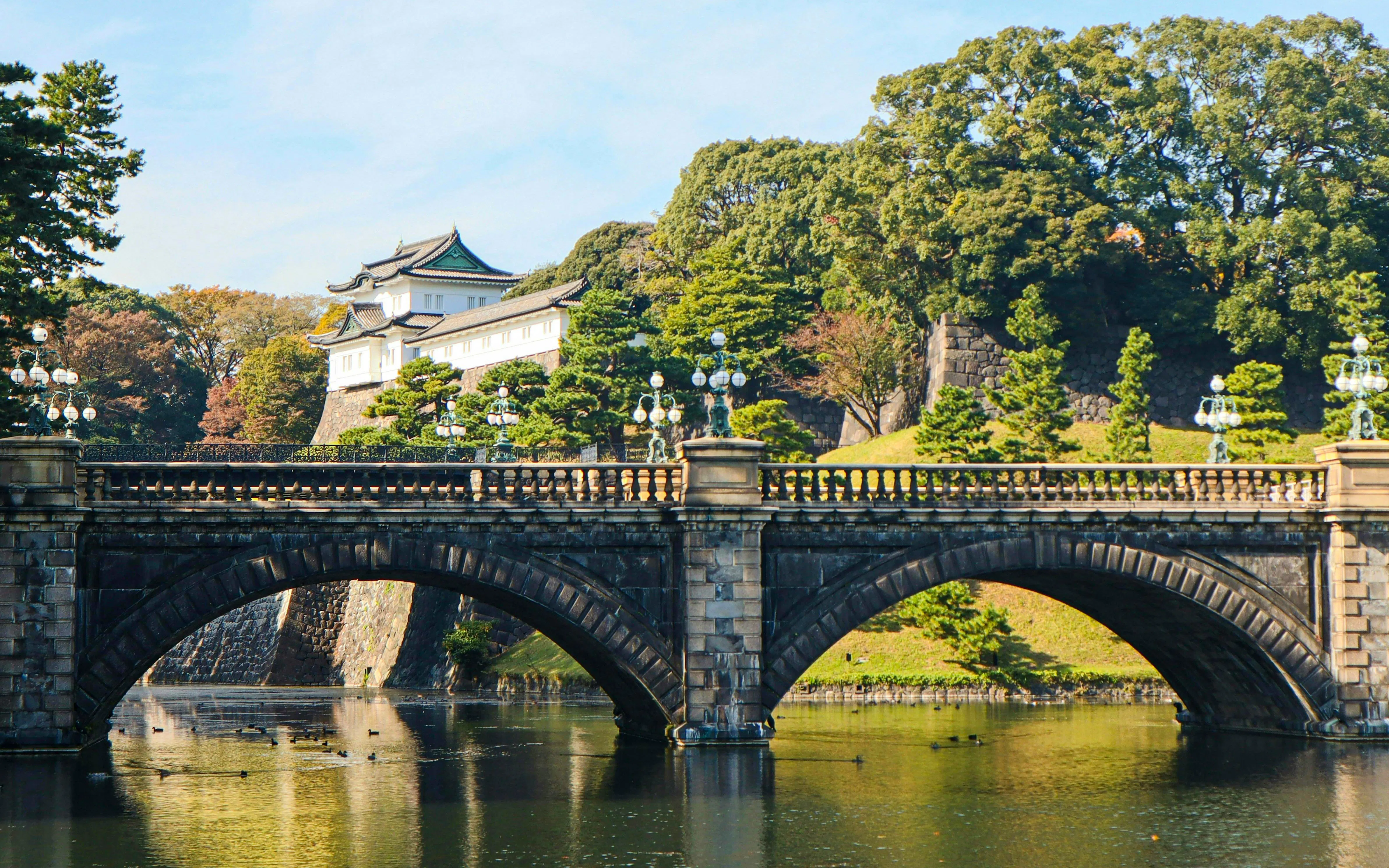 Bridge overlooking Tokyo Imperial Palace with surrounding trees and water.