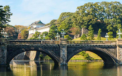 Bridge overlooking Tokyo Imperial Palace with surrounding trees and water.