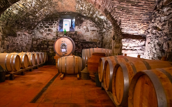 Wine barrels in a rustic cellar in Chianti, Tuscany, part of the semi-private grand tour.