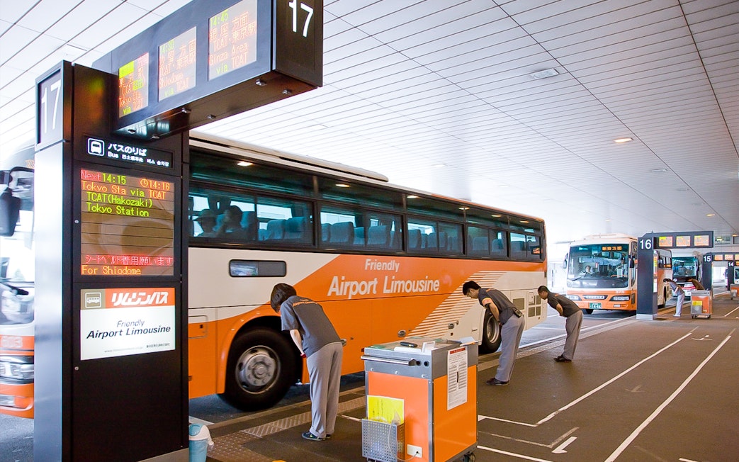 Limousine bus at Haneda Airport, Tokyo, ready to transport tourists to the city center.