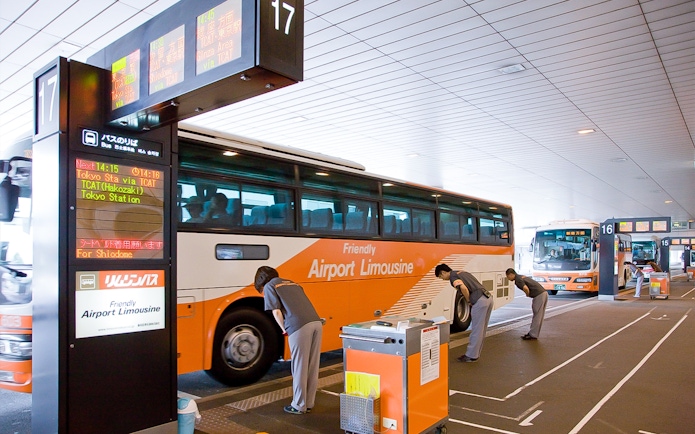 Limousine bus at Haneda Airport, Tokyo, ready to transport tourists to the city center.