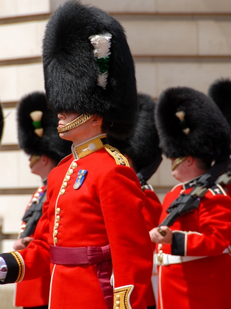 Guards in red uniforms and bearskin hats at Westminster during a walking tour.