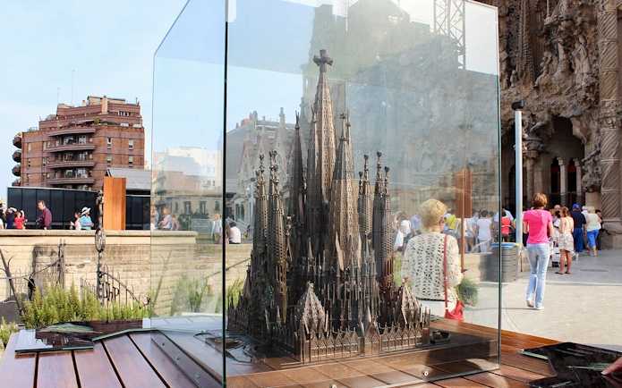 Scale model of Sagrada Familia in glass case, Barcelona.