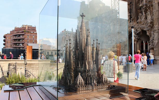 Scale model of Sagrada Familia in Barcelona with intricate architectural details.