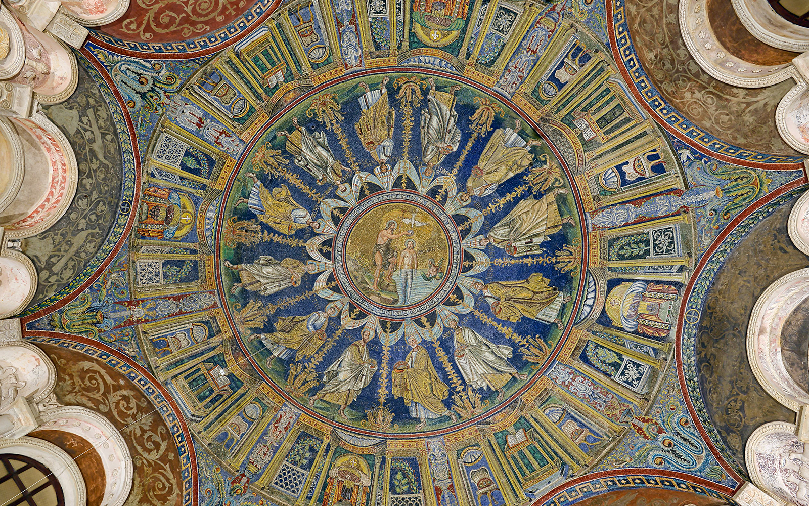 Ravenna Baptistery ceiling mosaic depicting religious figures and scenes.